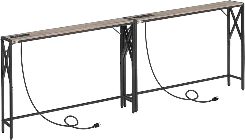2 Pack Sofa Table with Charging Station, 39.4” Console Table, Narrow Entryway Table, Slim Hallway Table, Retro Couch Table, for Entrance, Foyer, Living Room, Hallway, Greige CTHG151E01S2