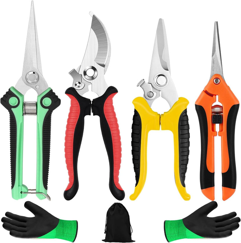 3 Pack Garden Pruning Shears Stainless Steel Blades Handheld Pruners Set with Gardening Gloves