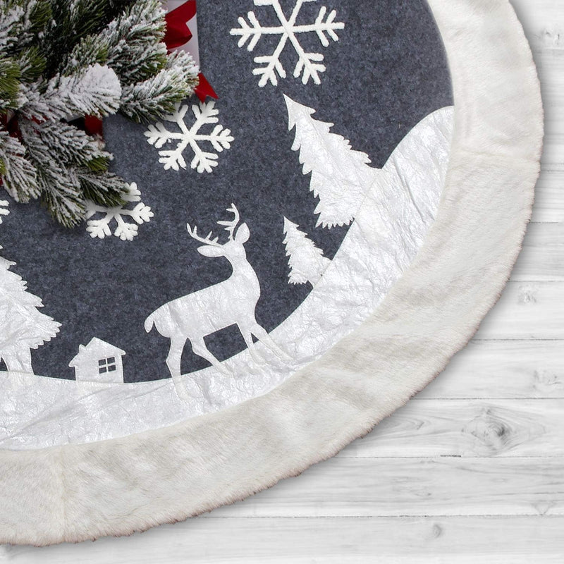 Christmas Tree Skirt, Fur Rustic White Xmas Tree Skirt,Snowy Christmas Trees Mat Decorations Indoors,Deer and Snowflake Pattern (48 Inches, White Deer)