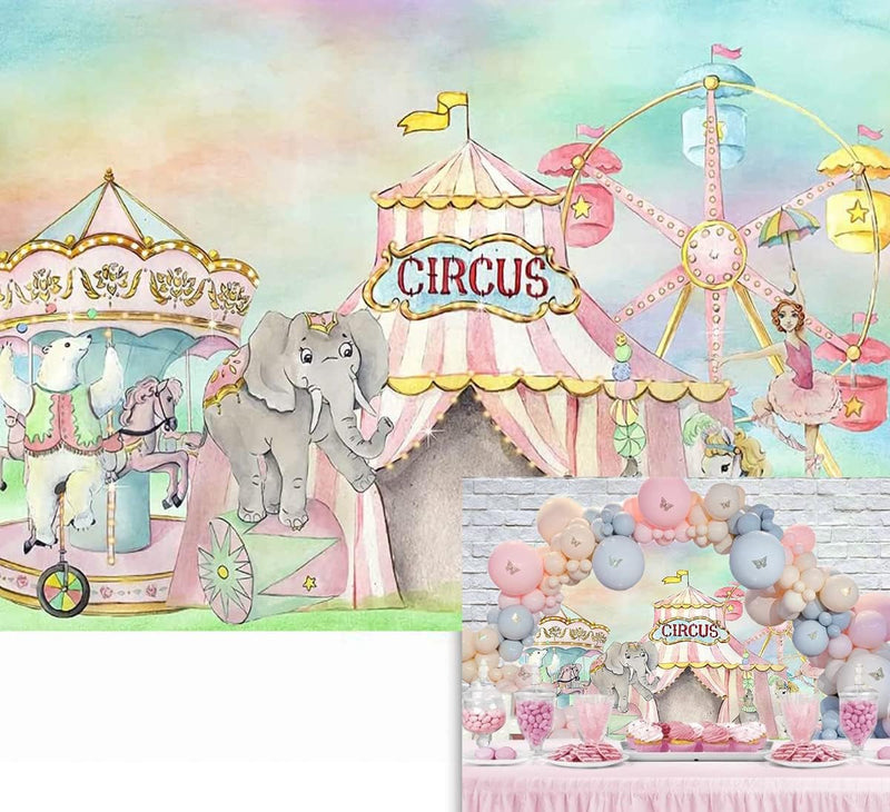 8X6Ft Circus Photo Studio Booth Background Pink and White Stripes Animals Circus Carnival Kids Happy Birthday Party Decorations Carousel Barn Circus Backdrop for Photography