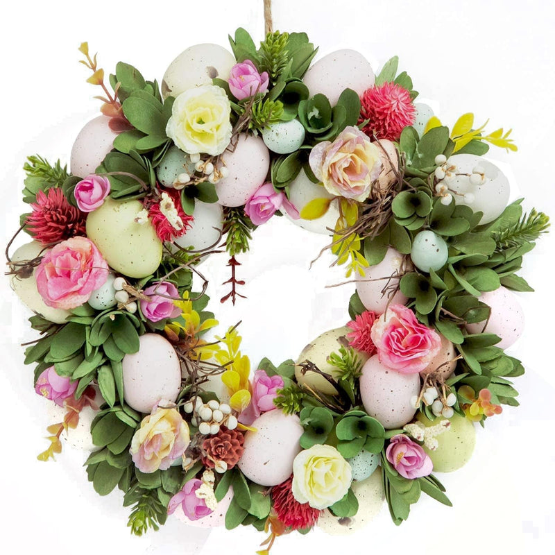 Dearsun 11.2" Spring Wreath Easter Wreath with Flowers, Eggs, Green Leaves and Twine, Hanging on Home Indoor Outdoor Front Door Wall Decorations(Wreath 2)