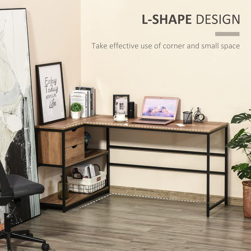 HOMCOM L-Shaped Home Offie Computer Desk with Storage Shelves, 2 Dawers and Industrial Steel Frame, Black/Brown