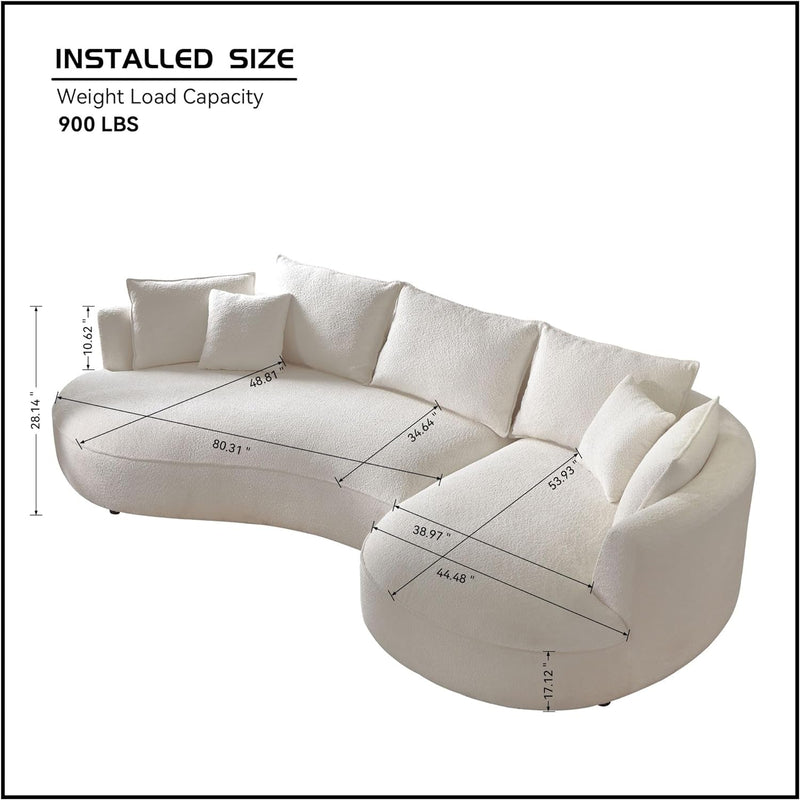 124.8'' Modern Curved Fabric Sectional Sofa Couch, Upholstered Couch with Pillows, Right Hand Facing Sofa for Living Room (White Right-Facing)