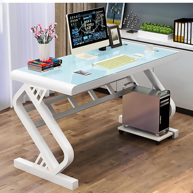 Contemporary Tempered Glass Computer Desk, Modern Large Home Office Desk Rectangular Writing Desk Gaming Desk with Metal Legs Computer Desktop Table(47''L, White)