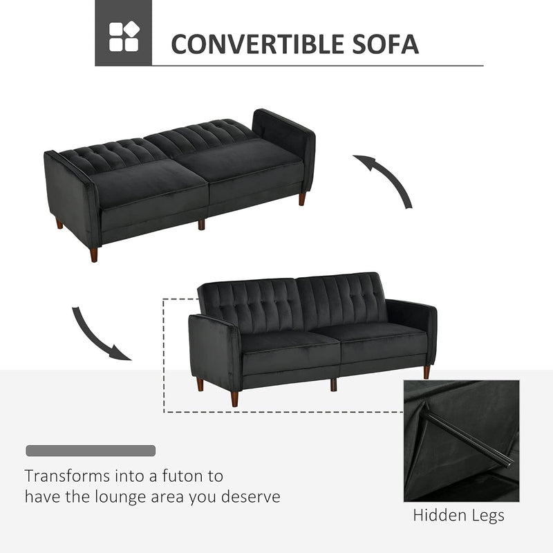 HOMCOM Convertible Sofa Sleeper Futon with Split Back Design Recline, Thick Padded Velvet-Touch Cushion Seating and Wood Legs, Black