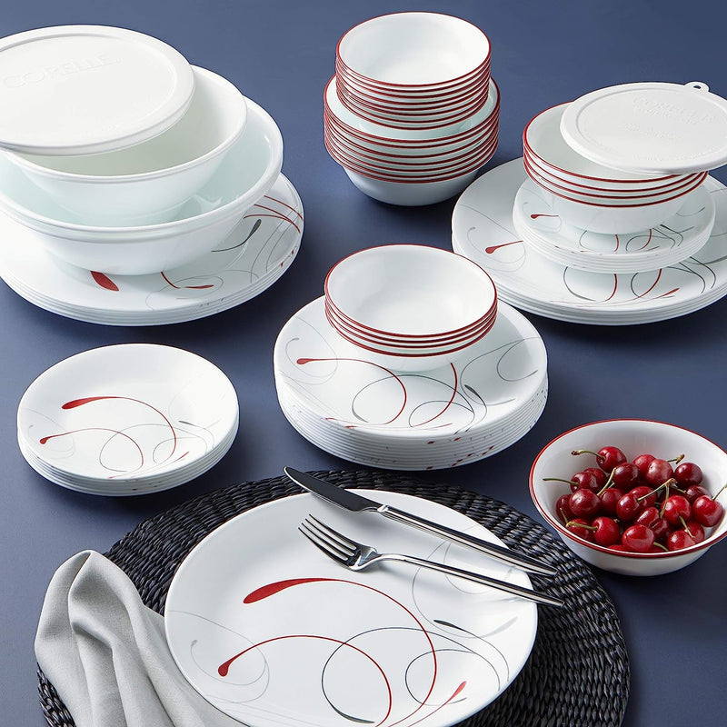 Corelle Vitrelle 78-Piece Service for 12 Dinnerware Set, Triple Layer Glass and Chip Resistant, Lightweight round Plates and Bowls Set, Splendor & Glass 28Oz Red Band Bowl 6Pk