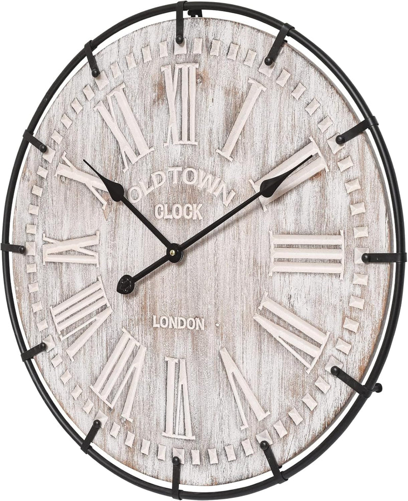 24 Inch Large Farmhouse Wall Clock, Rustic Antique Wood with Metal Circle and Large Engraved Numerals, Silent Battery Operated Wall Clock for Office Kitchen Bedroom Living Room