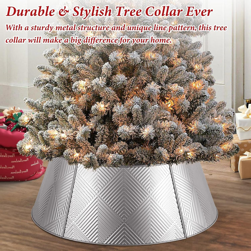 Brightever Metal Christmas Tree Skirt, 28In Diameter Christmas Tree Collar with Unique Line Pattern, Silver Tree Skirt for Pencil Tree, Christmas Tree Stand Cover for Bedroom Xmas Tree, Pets-Friendly