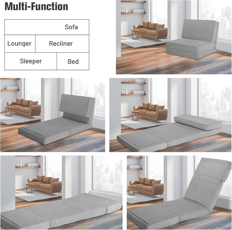 COSTWAY Convertible Flip Chair, 5-Position Adjustable Triple Fold down Sofa Bed, Steel Frame, Soft Suede Fabric, Upholstered Floor Sleeper Dorm Game Bed for Living Room, Bedroom, Guest Room (Grey)