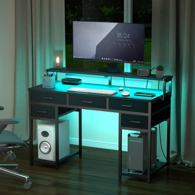 Black Computer Desk with Drawers, Gaming Desk with LED Light & Power Outlet, 47" Home Office Desk with Monitor Stand
