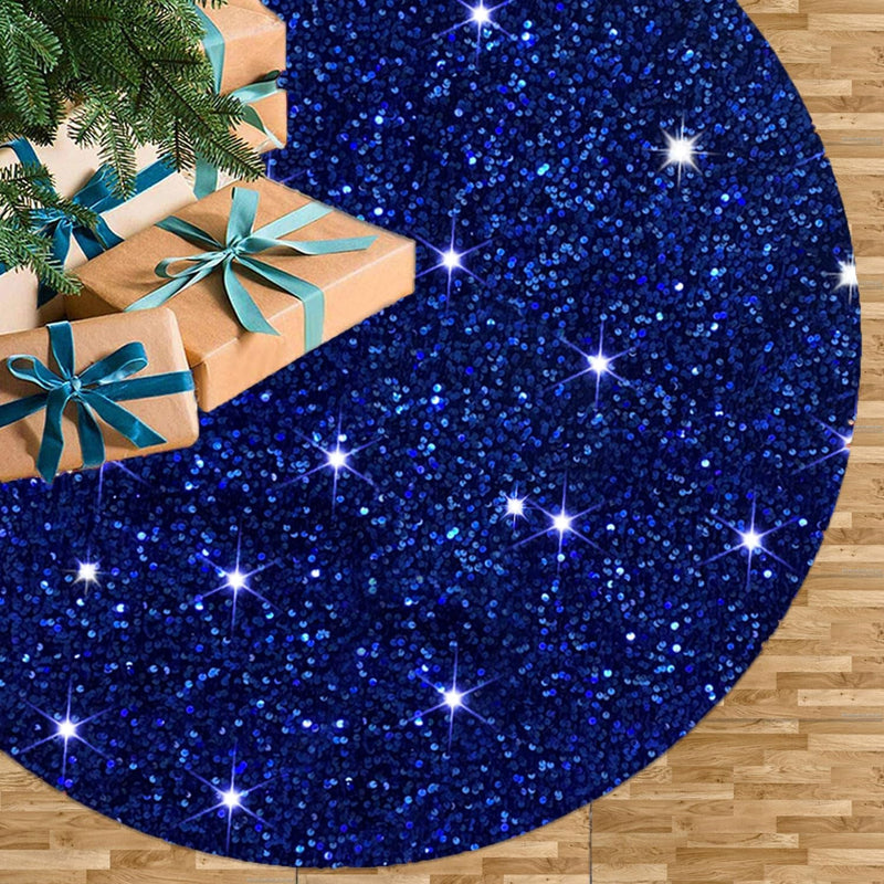 46 Inch Sequin Tree Skirt Christmas Royal Blue Velvet Tree Mat Xmas Tree Cover for Christmas Tree Decorations Rustic Fall Tree Dress Skirt Halloween Thanksgiving Ornaments