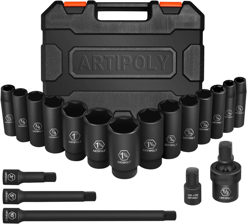 3/8In Impact Socket Set, 6-Point Deep and Shallow Socket Set, 48 Piece Standard SAE and Metric from 5/16In to 3/4In and 8Mm to 22Mm,Cr-V Steel Mechanic Socket Kit
