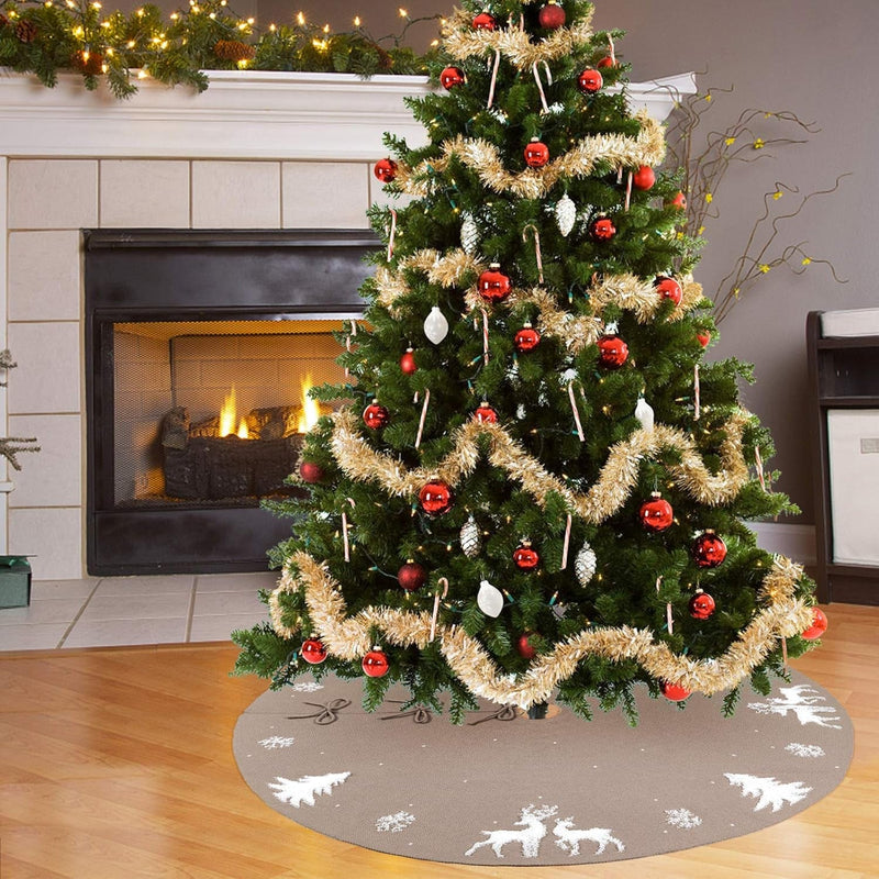 Dremisland Christmas Tree Skirt, Cable Knit Knitted Thick Rustic Tree Skirt for Xmas Holiday Decoration- 3D Elk and Christmas Tree (36Inch/90Cm, Beige)