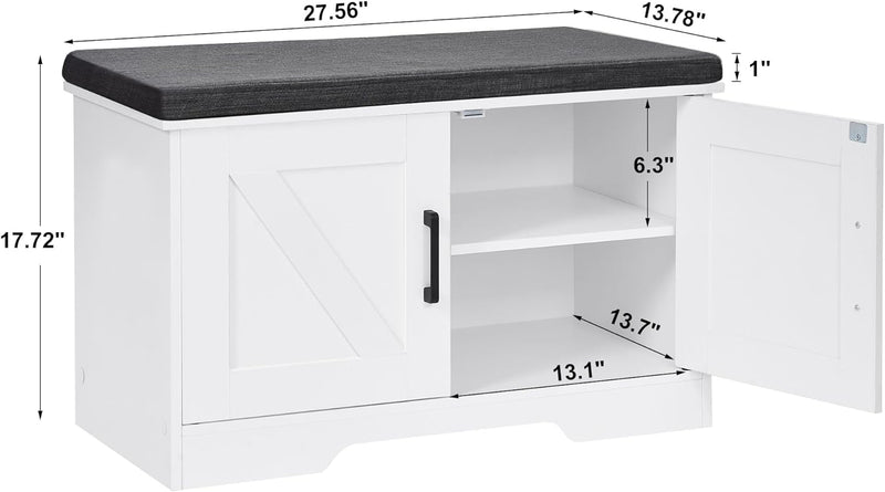 2-Tier Storage Bench,Shoe Bench with Padded Seat Cushion, Entryway Bench with 2 Barn Doors,Adjustable Shelf, 27.6" L X 13.8" W X 17.7" H, for Entryway, Living Room, Bedroom,White
