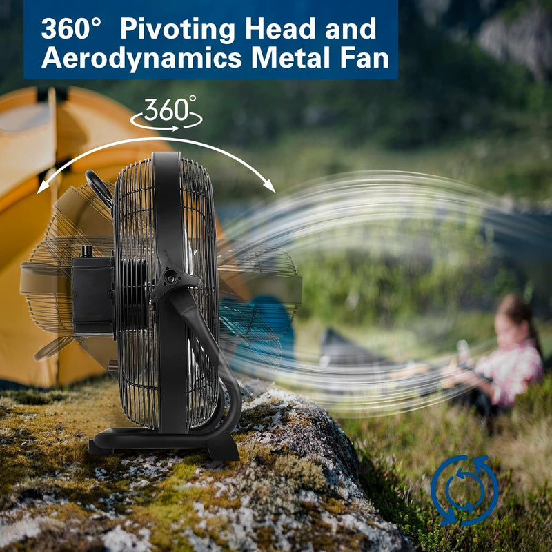 16 Inch Rechargeable Battery Operated Outdoor Floor Fan, 15600Mah Battery Powered High Velocity Portable Fan with Metal Blade, Run All Day, USB Output for Travel, Camping, Backyard