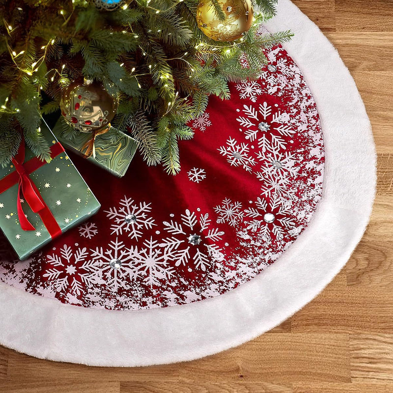 GMOEGEFT Christmas Tree Skirt 48 Inches Red Velvet with Snowflakes Xmas Decorations Holiday Decor