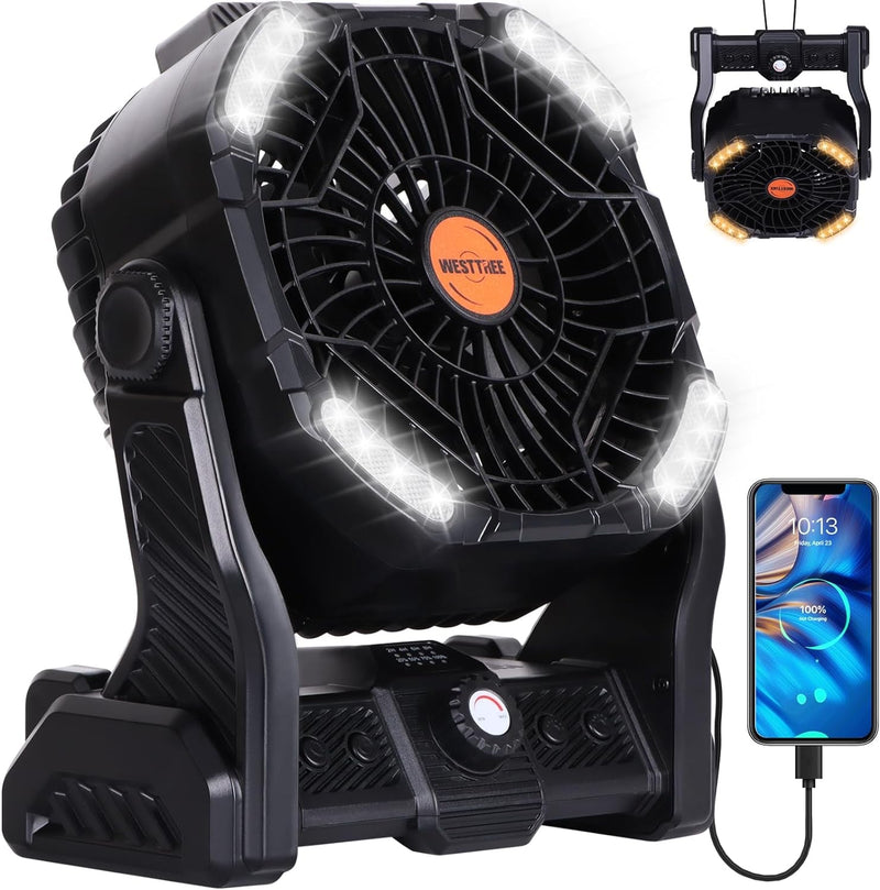20000Mah Camping Fan with LED Lantern, USB Tpye C Rechargeable Battery Operated Outdoor Tent Fan with Light & Hook, 270° Pivot, 4 Speeds, Personal USB Desk Fan for Camping Yellow X26A