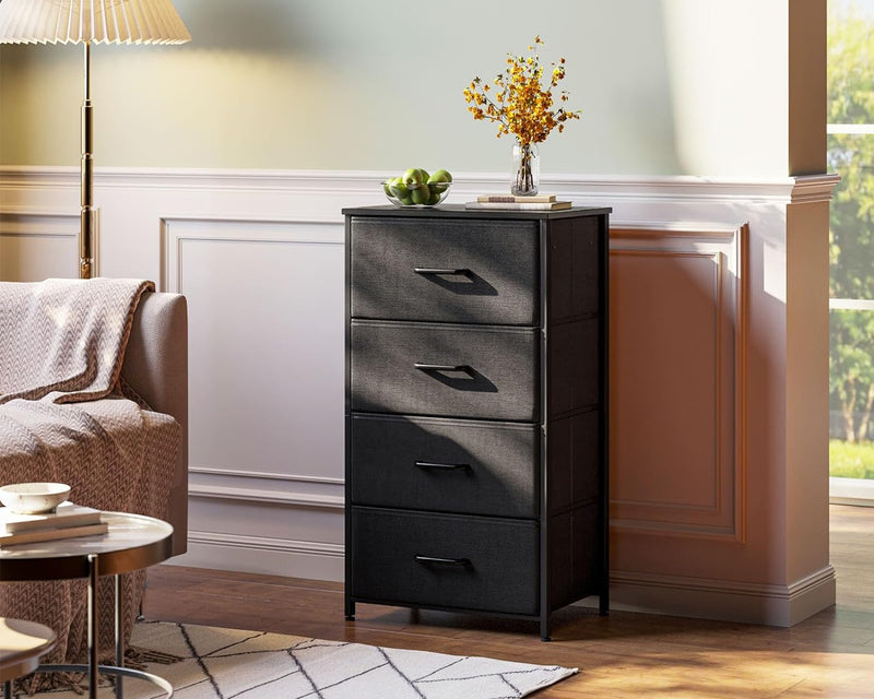 AODK Dresser for Bedroom with 4 Storage Drawers, Small Dresser Chest of Drawers Fabric Dresser with Sturdy Steel Frame, Black
