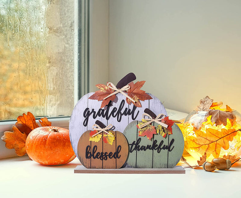 CYNOSA Fall Decorations for Home Blessed Grateful Thankful Fall Decor Wooden Pumpkin Tabletop Signs for Home Thanksgiving Farmhouse Living Room Harvest