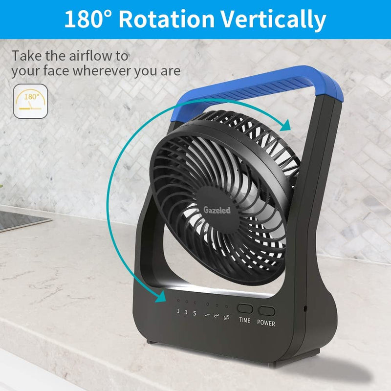 Battery Operated Fan, Camping Fan Battery Powered, Super Long Lasting, Portable D-Cell Battery Powered Desk Fan with Timer, 3 Speeds, Quiet, 180° Rotation, for Office,Bedroom,Outdoor, 5'', Blue