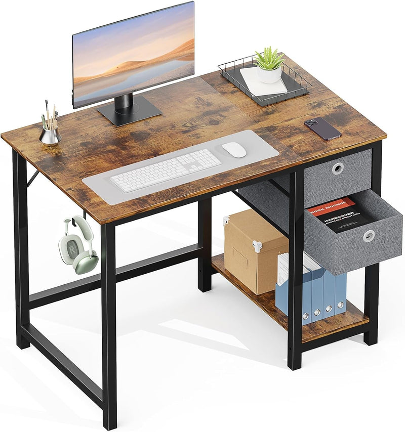 DUMOS Computer Small Desk with Drawers 40 Inch Office Bedroom Kids Writing Work Study 2-Tier Storage Drawers & Shelf Simple Modern Wood PC Table