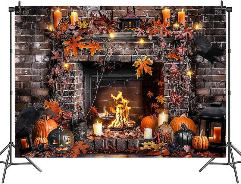 10X8Ft Halloween Fireplace Backdrops Photography Fall Fireplace Stone Brick Floor Skulls Hallowmas Wall Background Halloween Photo Decorations Studio Props