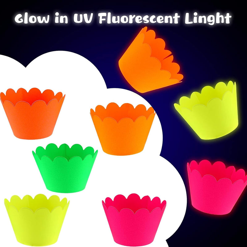 40 Pcs Glow in the Dark Neon Cupcake Toppers Glow Party Supplies Neon Glow Cupcake Wrappers for Glow Neon Birthday Party Wedding Decorations Blacklight Reactive Party