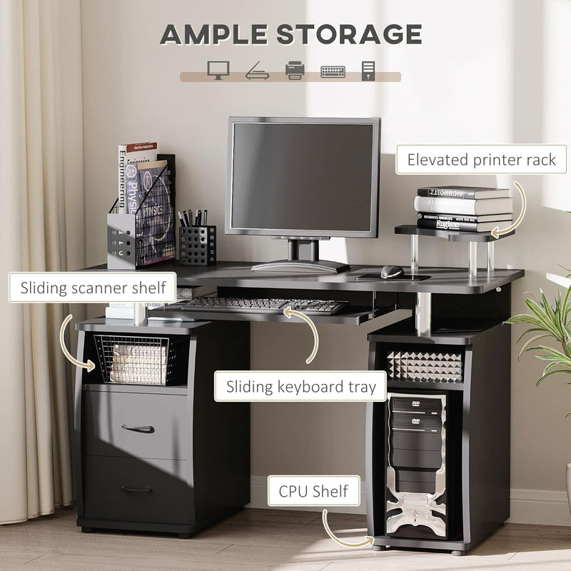 HOMCOM Multi-Function Computer Desk, Home Office Workstation with Keyboard Tray, Elevated Shelf, Sliding Scanner Shelf and CPU Stand, 47.25 X 21.75 Inch, Black