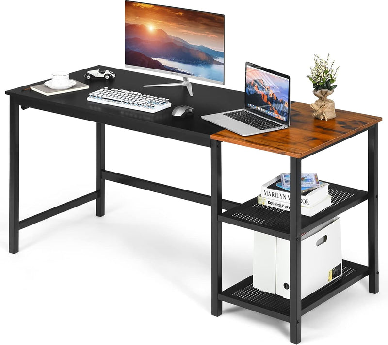 COSTWAY 59” Computer Desk, with 2 Removable Storage Shelves, Industrial Writing Workstation with Headphone Hook, for Home Office, Gaming Desk (Black)