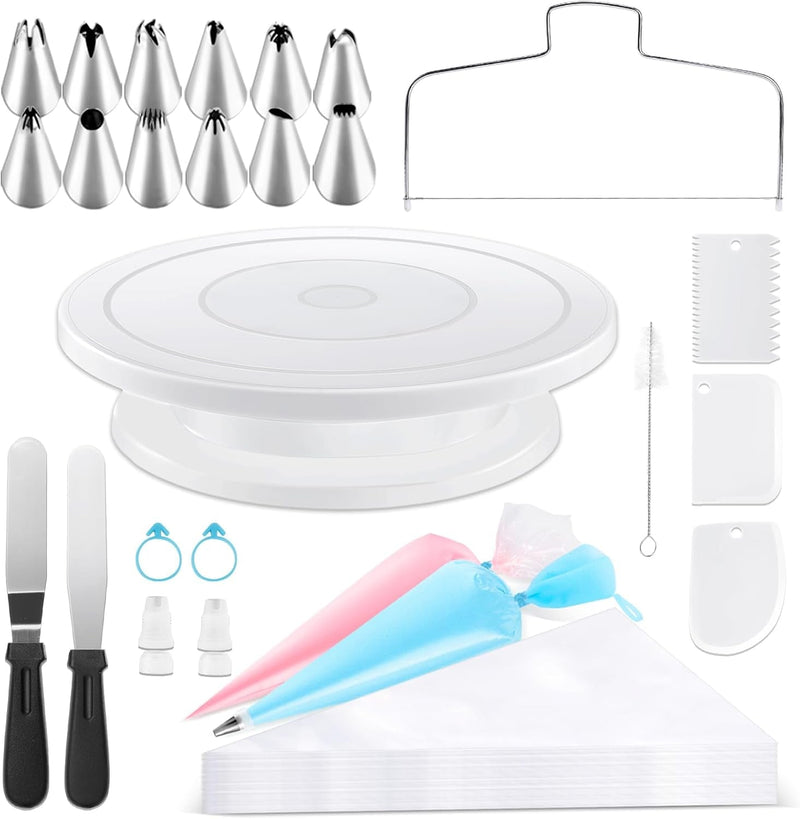 7PCS Cake Decorating Supplies Kit, Baking Supplies Set with Cake Turntable, Leverler, Straight & Offset Spatula and 3 Scrapers, Baking Accessories Tools for Beginners and Cake Lovers (7Pcs Set)