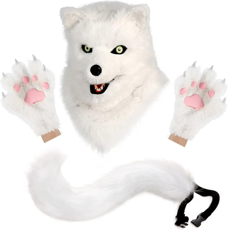 Animal Dog Head Mask Realistic Furry Plush Tail Claw Gloves Full Wolf Masks for Halloween Party Carnival Cosplay