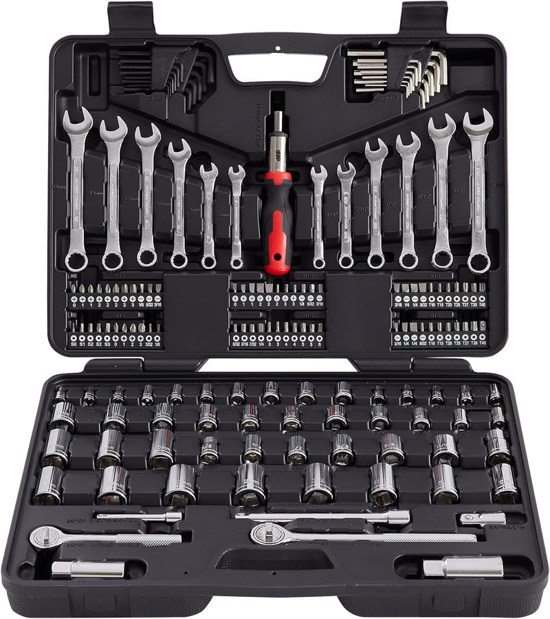 121 Piece Mechanic Tool Socket Set 3/8 and 1/4 Inch Drive SAE & Metric Size, with Tool Box Storage Case for Home, Car Trunk, Automotive, Bike Projects and as a Gift