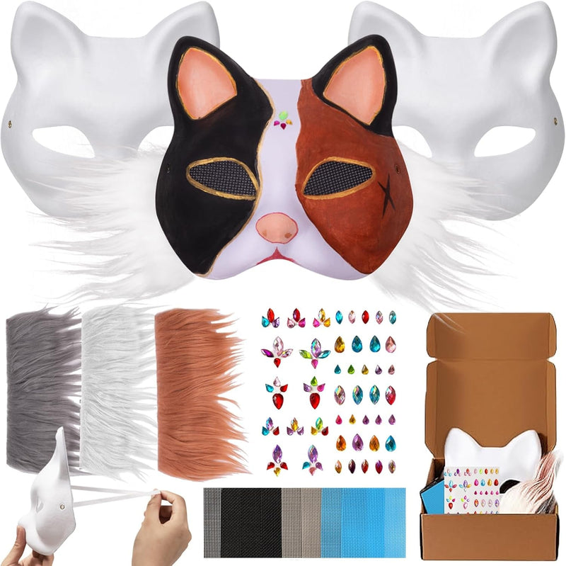 Cat Fox Mask 3PCS with Furs Eye Meshes and Gem Stickers, Therian Dress up Masks to Paint, Animal Mask Arts Crafts Kit, Costume Masks for Halloween Masquerade Cosplay Party Interaction