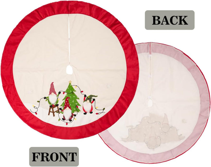 Burlap Christmas Tree Skirt, 48 Inch Soft Red Edge Tree Mat with Gnomes & String Lights Xmas Tree Skirt Christmas Holiday Decorations for Home Party Indoor