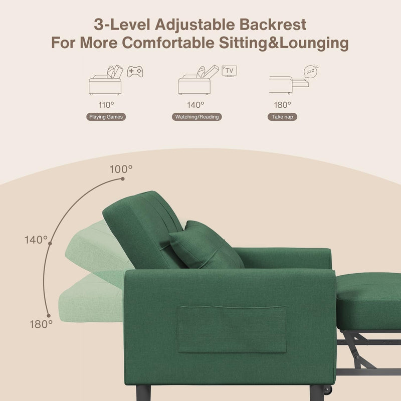 3 in 1 Sleeper Chair Bed, Multi-Functional Sofa Bed with Pillow, Pull Out Convertible Sofa Chair with Adjustable Backrest with Modern Linen Fabric for Living Room Apartment, Green