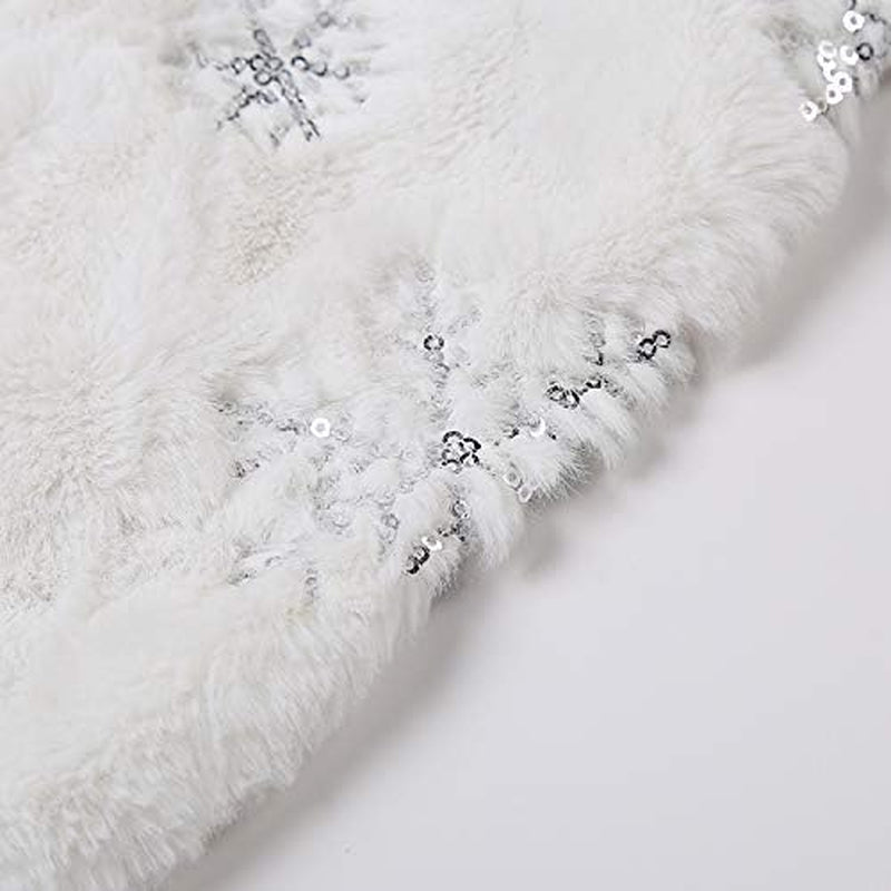 Cedilis 48 Inch Large Christmas Tree Skirt Soft Luxury Faux Fur Christmas Tree Ornaments White Sparkling Snowflake Tree Skirt Christmas Decorations, Silver