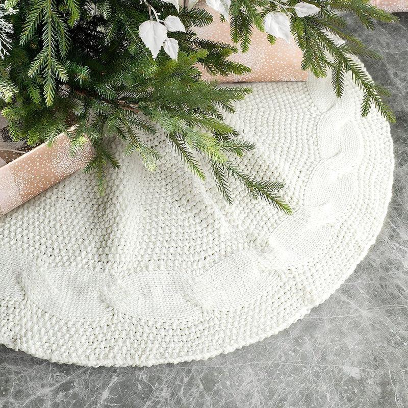 GMOEGEFT Christmas Tree Skirt 24 Inches Cable Knitted Thick Knit White Tree Skirts for Xmas Decor Holiday Decoration (White, 24 In)