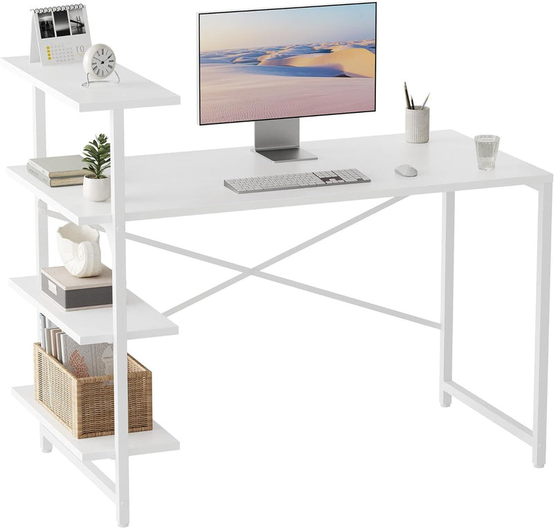 Cubicubi Small Computer Desk with Shelves, 40 Inch Reversible Home Office Desk with 3 Tier Storage Bookshelf, Study Writing Office Table, Pure White