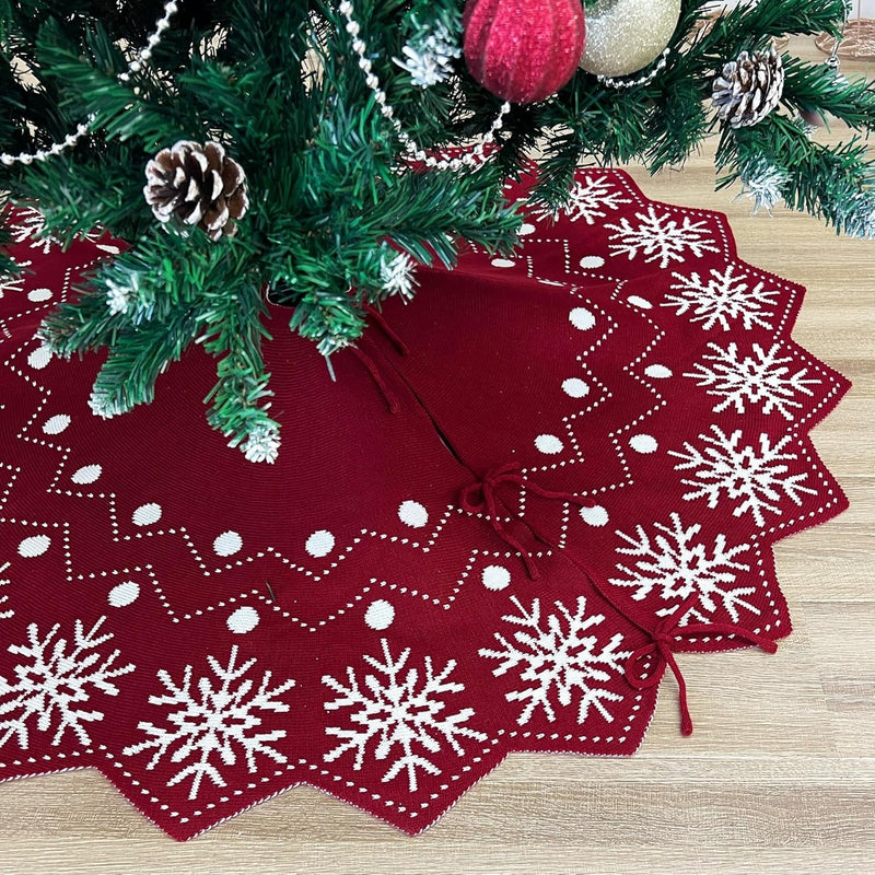 60-Inch Wavy Edged Reversible Knit Christmas Tree Skirt: Burgundy & White Snowflake Pattern with Lace Ties