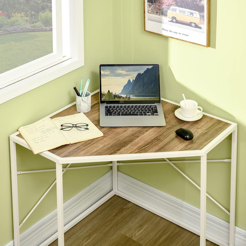 HOMCOM Corner Desk for Small Spaces, Small Computer Desk with Metal Frame, Space Saving Home Office Desk Workstation, White