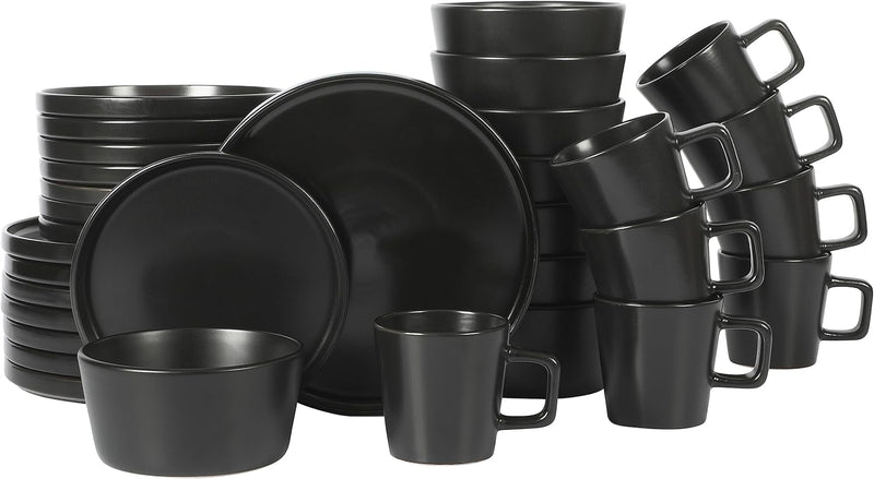 Gibson Soho Lounge Bowery 32 Piece Matte Black Stoneware Dinnerware Plates, Bowls, and Mugs Set - Service for 8