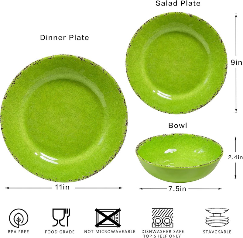 12 Pcs Melamine Dinnerware Sets,Service for 4,Nonbreakable BPA Free Dishes Set with Plates and Bowls Sets for Everyday Use and Patio, Rvs and Camping, Dishwasher Safe,Green