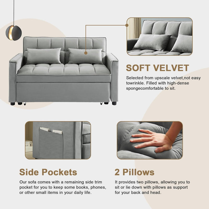 Convertible Sofa Couch 3-In-1 Multi-Functional Velvet Pull-Out Bed, 55'' Loveseat Chaise Lounge with Adjustable Backrest and Pillows, Grey