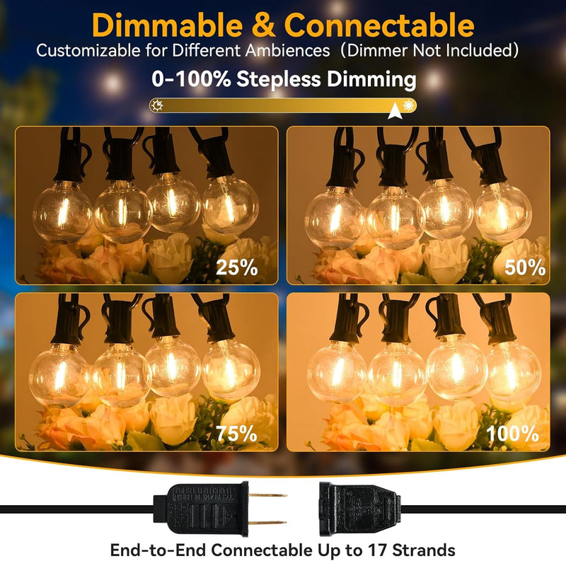 100Ft 2-Pack Outdoor String Lights Waterproof/Connectable/Dimmable with 52 LED Shatterproof Bulbs, UL Listed Globe G40 String Lights 2700K Outdoor Lighting for Patio Backyard Cafe Party Wedding Garden