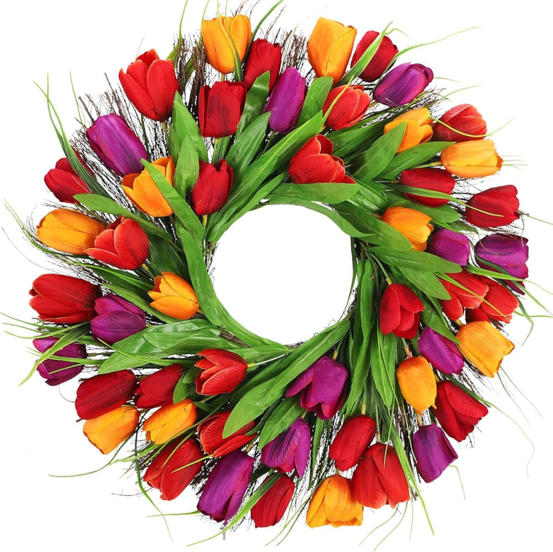 18Inch Tulip Wreath, Spring Artificial Flower Wreath for Front Door Window Wall Hanging Valentines Day, Summer Silk Wreath Decor (Red)