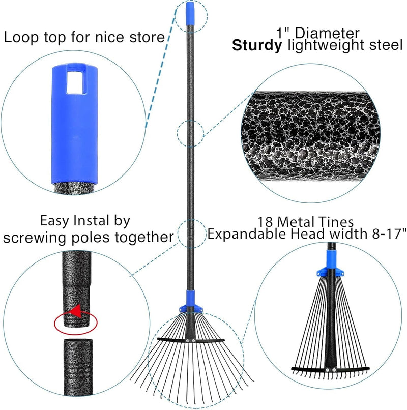 Adjustable Metal Leaf Rake Long Handle, 60 Inch Garden Rakes for Lawns Heavy Duty Leaves with Expandable Head 8-17", Yard Women Kids Rake for Gardening RV Camping