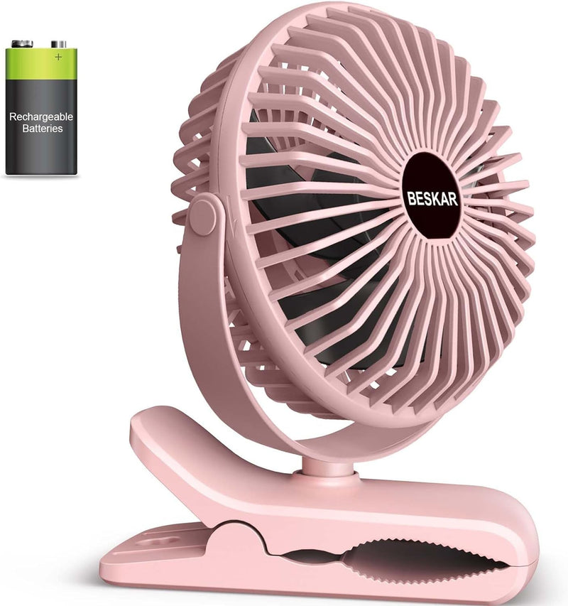 BESKAR Portable Clip on Fan Rechargeable, 4 Speeds Small Battery Operated Fan, USB Desk Fan with Strong Airflow, Sturdy Clamp for Golf Cart Office Outdoor Travel Camping