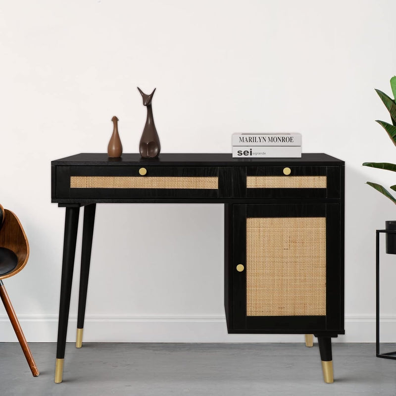 Farmhouse Rattan 39.4 in Black/Gold Computer Writing Desk Home Office with 2 Drawers and Storage Cabinet Black Bohemian Eclectic French Country Mid-Century Modern Rectangular