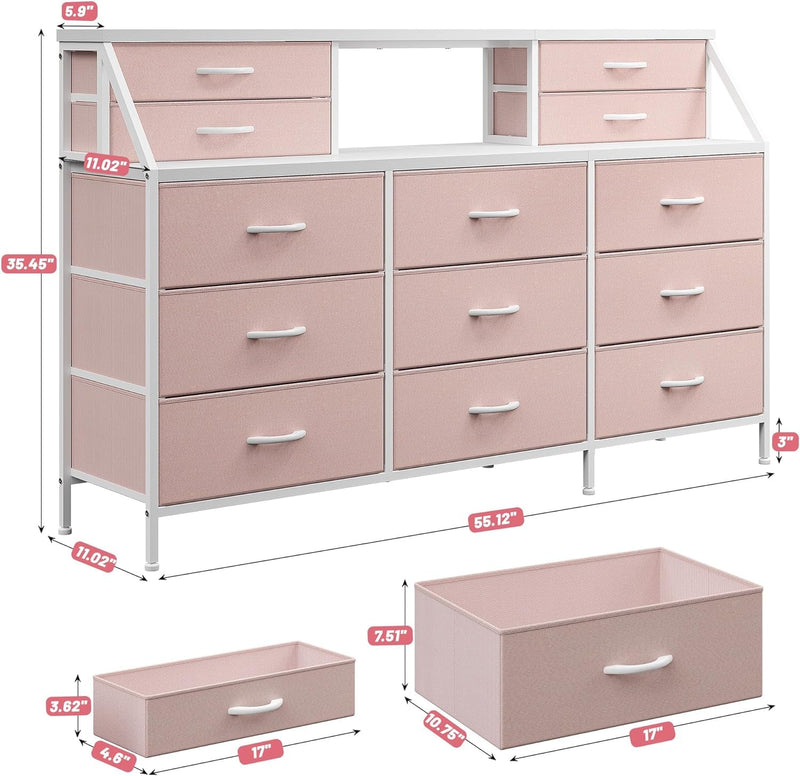 Enhomee 55”W Dresser for Bedroom, Pink Dresser for Girls Bedroom, Dresser with 13 Large Drawer, Dressers & Chests of Drawers, Bedroom Dresser with 2 Shelves, Long Dresser for Closet