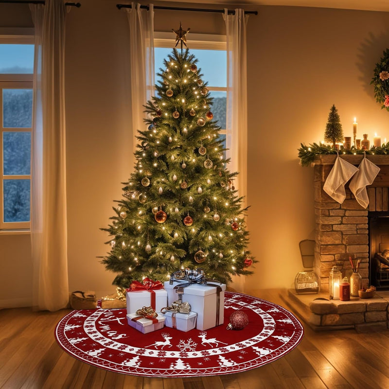 Christmas Tree Skirt 60 Inches, Knit Red Tree Skirt for 7Ft Tree to 9Ft Tree, Double-Sided Large Knitted Xmas Tree Skirt for Indoor Holiday Party Farmhouse Christmas Tree Decorations